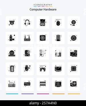 Creative Computer Hardware 25 Glyph Solid Black icon pack  Such As connection. hardware. computer. computer. hardware Stock Vector