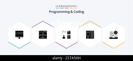 Programming And Coding 25 Glyph icon pack including develop. code. develop. page. develop Stock Vector