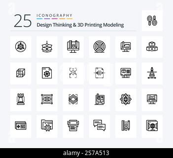 Design Thinking And D Printing Modeling 25 Line icon pack including monitore. computer. education. print. filament Stock Vector