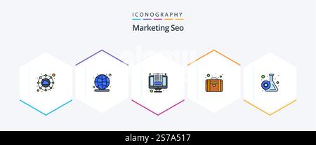 Marketing Seo 25 FilledLine icon pack including research process. cogwheel. blog. seo services. seo Stock Vector