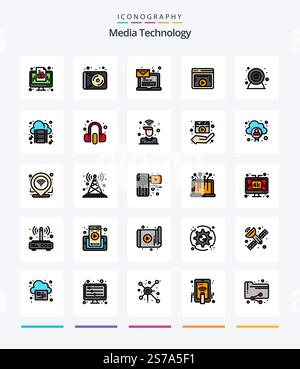 Creative Media Technology 25 Line FIlled icon pack  Such As video player. player. computer. display. login Stock Vector