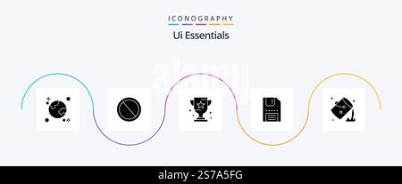 Ui Essentials Glyph 5 Icon Pack Including floppy. disc. trash. sport. game Stock Vector