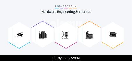 Hardware Engineering And Internet 25 Glyph icon pack including industry. factory. smart. traffic. monitoring Stock Vector