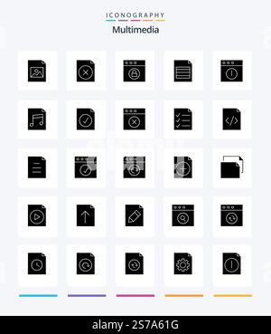 Creative Multimedia 25 Glyph Solid Black icon pack  Such As file. audio. mac. mac. alert Stock Vector