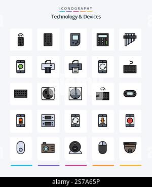 Creative Devices 25 Line FIlled icon pack  Such As device. message. math. devices. cellphone Stock Vector