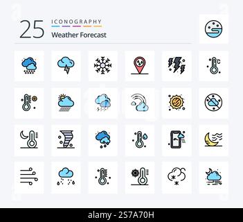 Weather 25 Line Filled icon pack including weather. energy. snow. bolt. raining Stock Vector