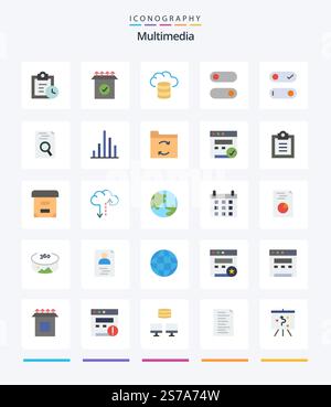 Creative Multimedia 25 Flat icon pack  Such As inspect. analytics. hosting. search. hr Stock Vector