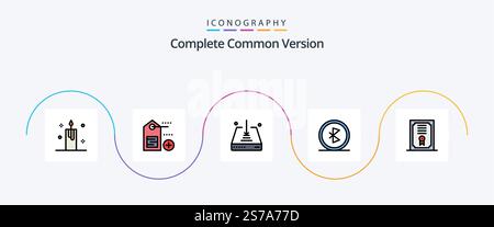 Complete Common Version Line Filled Flat 5 Icon Pack Including certificate. network. arrow. connection. bluetooth Stock Vector
