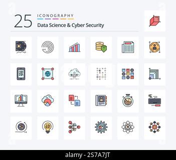 Data Science And Cyber Security 25 Line Filled icon pack including paper. secure. chart. security. shield Stock Vector