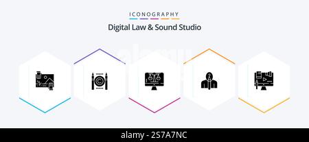 Digital Law And Sound Studio 25 Glyph icon pack including creative. author. digital. artist. screen Stock Vector