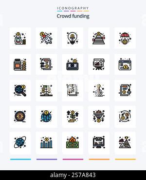 Creative Crowdfunding 25 Line FIlled icon pack  Such As funds. goal. business. fundraising. idea Stock Vector