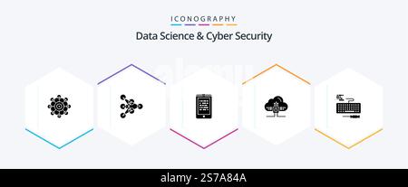 Data Science And Cyber Security 25 Glyph icon pack including key. cloud. mobile. data. elearning Stock Vector