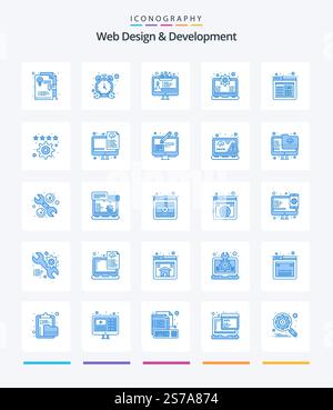 Creative Web Design And Development 25 Blue icon pack  Such As calculation. browser. tool. support. laptop Stock Vector