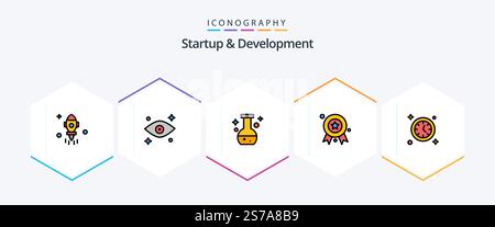 Startup And Develepment 25 FilledLine icon pack including time. watch. flask. badge. award badge Stock Vector