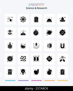 Creative Science 25 Glyph Solid Black icon pack  Such As education. liquid. checklist. drop. space Stock Vector