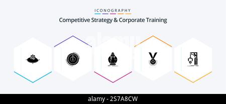 Competitive Strategy And Corporate Training 25 Glyph icon pack including factory. ribbon. lower. reputation. medal Stock Vector