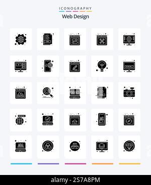 Creative Web Design 25 Glyph Solid Black icon pack  Such As setting. web. development. setting. tools Stock Vector