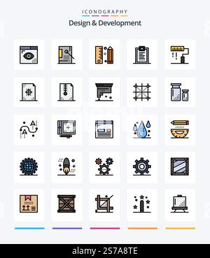Creative Design & Development 25 Line FIlled icon pack  Such As delivery. coding. development. programing. development Stock Vector