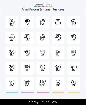 Creative Mind Process And Human Features 25 OutLine icon pack  Such As setting. control. process. brain. human Stock Vector
