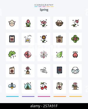 Creative Spring 25 Line FIlled icon pack  Such As clipboard. spring. eggs. nature. sun flower Stock Vector