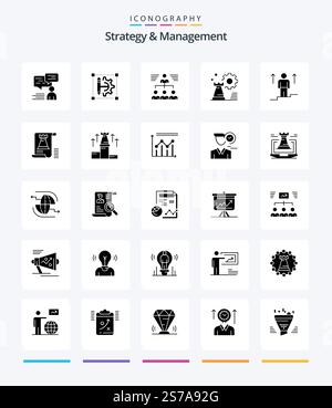 Creative Strategy And Management 25 Glyph Solid Black icon pack  Such As setting. business. setting. strategy. user Stock Vector