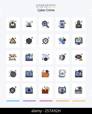 Creative Cyber Crime 25 Line FIlled icon pack  Such As spy. mobile. red. bug. search Stock Vector