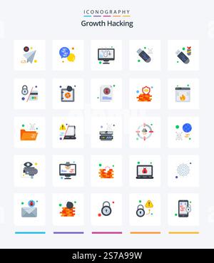 Creative Hacking 25 Flat icon pack  Such As usb. usb. message. stick. virus Stock Vector