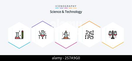 Science And Technology 25 FilledLine icon pack including laboratory glassware. chemical laboratory. science experiment. science. electronics Stock Vector