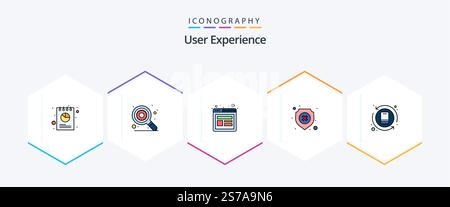User Experience 25 FilledLine icon pack including action. shield. settings. protection. website wireframe Stock Vector