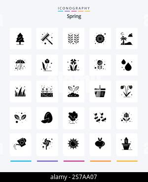 Creative Spring 25 Glyph Solid Black icon pack  Such As tree. beach. ear. daytime. sunny Stock Vector