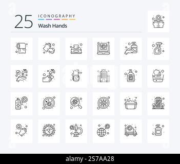 Wash Hands 25 Line icon pack including corona. report. box. medical. coronavirus Stock Vector
