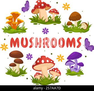 Mushrooms Illustration with Different Mushroom, Grass and Insects for Web Banner or Landing Page in Flat Cartoon Hand Drawn Templates Stock Vector