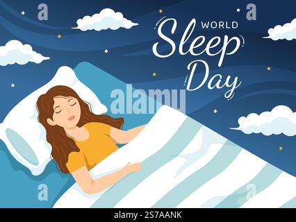 World Sleep Day on March 17 Illustration with People Sleeping and Planet Earth in Sky Backgrounds Flat Cartoon Hand Drawn for Landing Page Templates Stock Vector