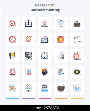 Creative Traditional Marketing 25 Flat icon pack  Such As strategy. flipchart. storytelling. shipping. fragile Stock Vector