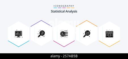 Statistical Analysis 25 Glyph icon pack including analytics monitoring. graph magnifying. analysis. graph analysis. money Stock Vector