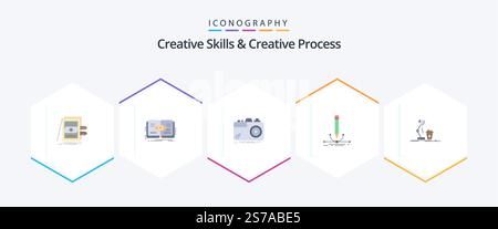 Creative Skills And Creative Process 25 Flat icon pack including pen. illustration. view. aperture. capture Stock Vector
