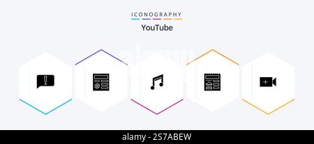 Youtube 25 Glyph icon pack including video. ui. app. document. music Stock Vector