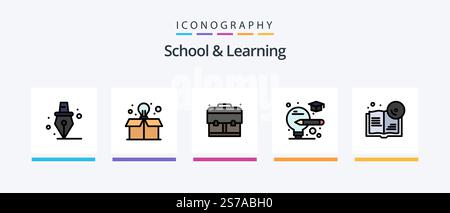 School And Learning Line Filled 5 Icon Pack Including . graduation. files. cap. knowledge. Creative Icons Design Stock Vector