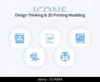 Design Thinking And D Printing Modeling Blue Icon Pack 5 Icon Design. text. computing. brusher. eye . file Stock Vector