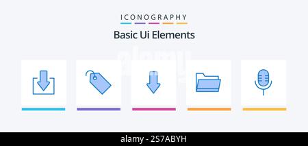 Basic Ui Elements Blue 5 Icon Pack Including sound. mic. arrows. storage. open. Creative Icons Design Stock Vector