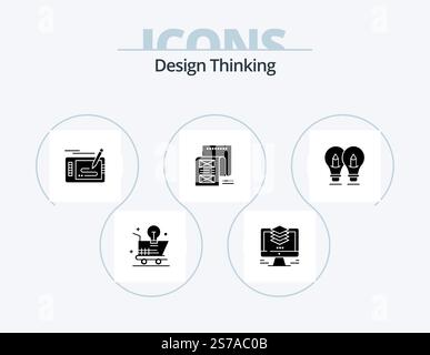Design Thinking Glyph Icon Pack 5 Icon Design. email. document. computer. pad. pencil Stock Vector