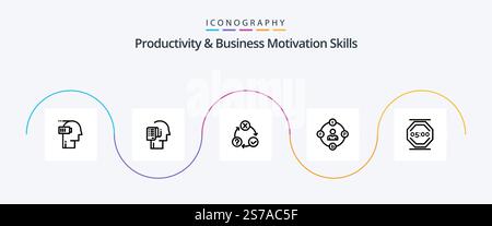 Productivity And Business Motivation Skills Line 5 Icon Pack Including distractions. social media. schedule. realization. issues Stock Vector