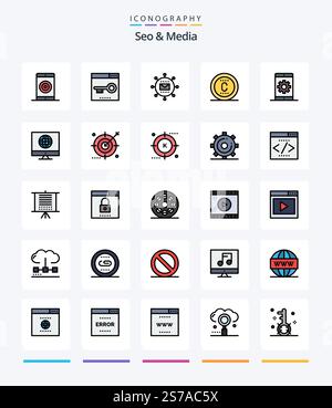 Creative Seo & Media 25 Line FIlled icon pack  Such As seo. copyright. optimization. promotion. media Stock Vector