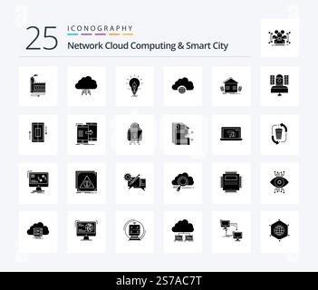 Network Cloud Computing And Smart City 25 Solid Glyph icon pack including city. light. data. energy. idea Stock Vector