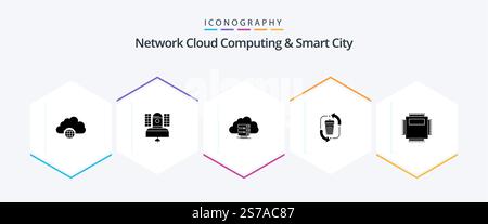 Network Cloud Computing And Smart City 25 Glyph icon pack including garbage. waste. communication. flow. computing Stock Vector