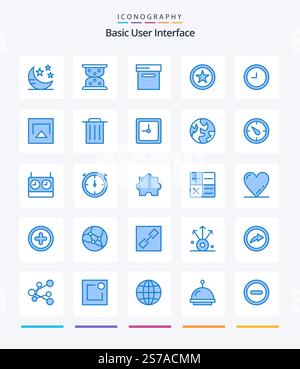 Creative Basic 25 Blue icon pack  Such As recycle. play. box. airplay. time Stock Vector
