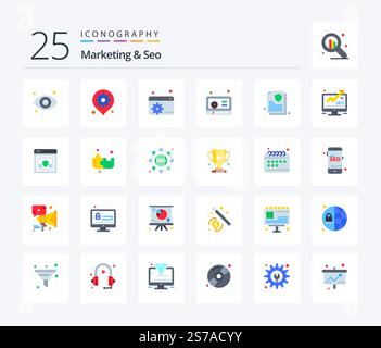 Marketing And Seo 25 Flat Color icon pack including document. guarantee. setting. youtube. marketing Stock Vector