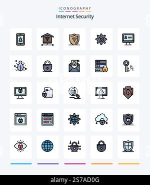 Creative Internet Security 25 Line FIlled icon pack  Such As internet. security. protect. internet. setting Stock Vector