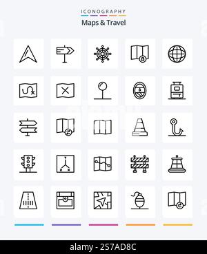 Creative Maps & Travel 25 OutLine icon pack  Such As location. route. wheel. map. map Stock Vector