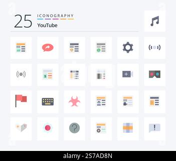 Youtube 25 Flat Color icon pack including gear. ui. basic. globe. basic Stock Vector